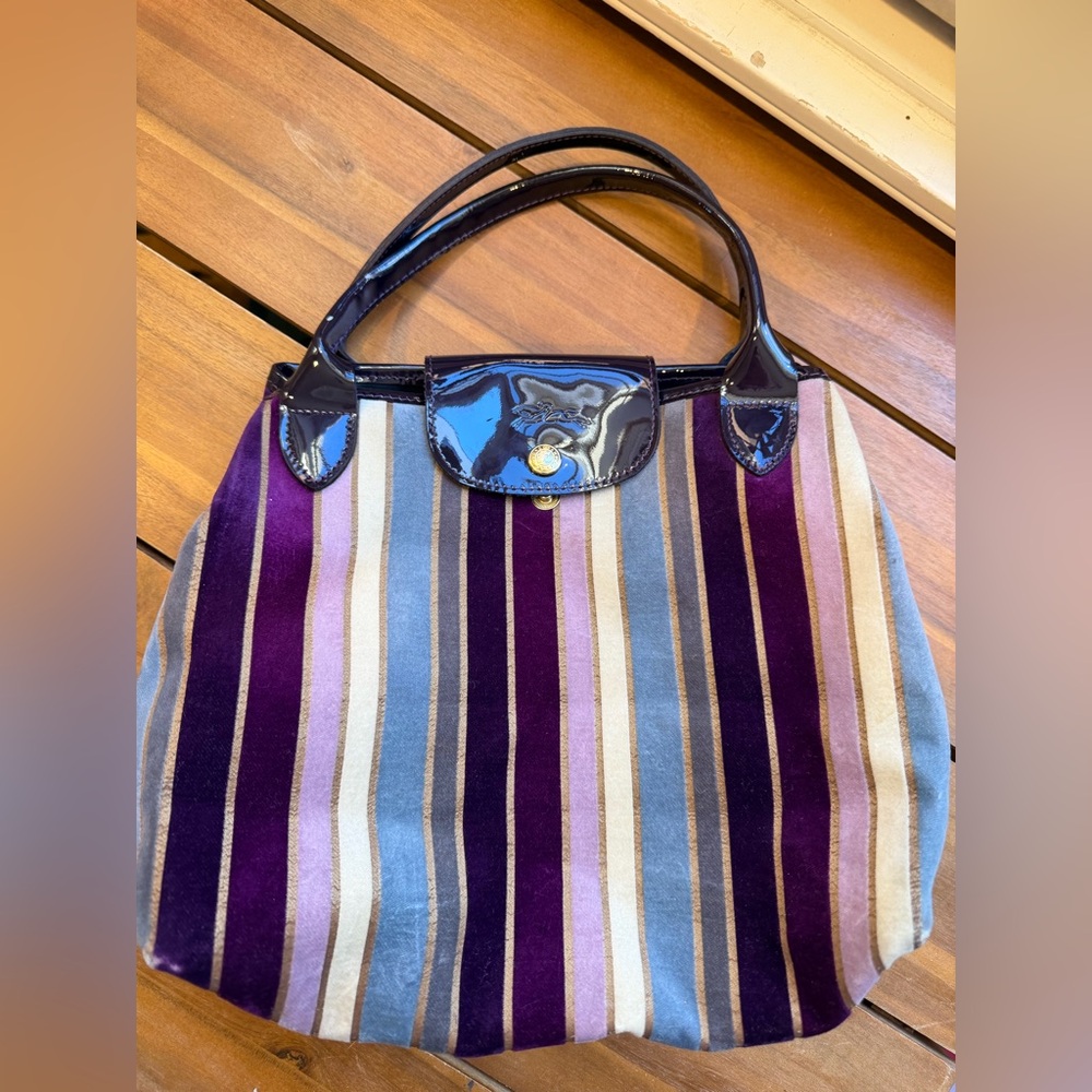 Longchamp Limited Edition Purple, Blue, and Beige Velvet Striped Tote Bag